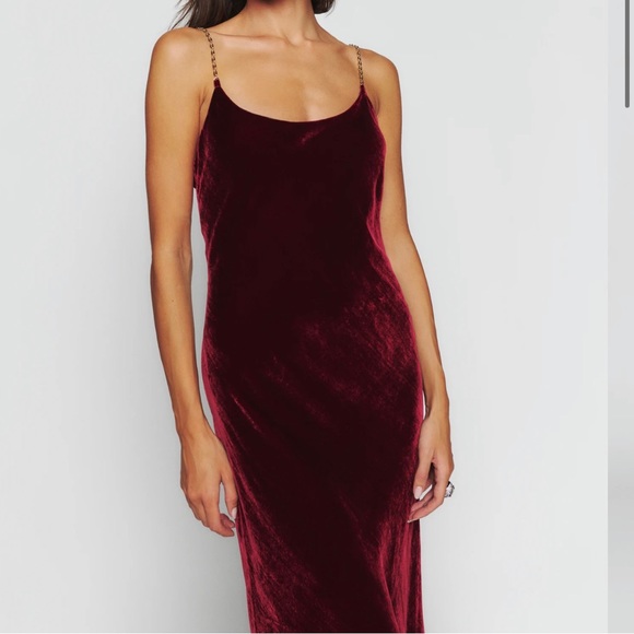 Reformation Red Velvet Ady Dress with Chain Straps Size Medium - Picture 6 of 9